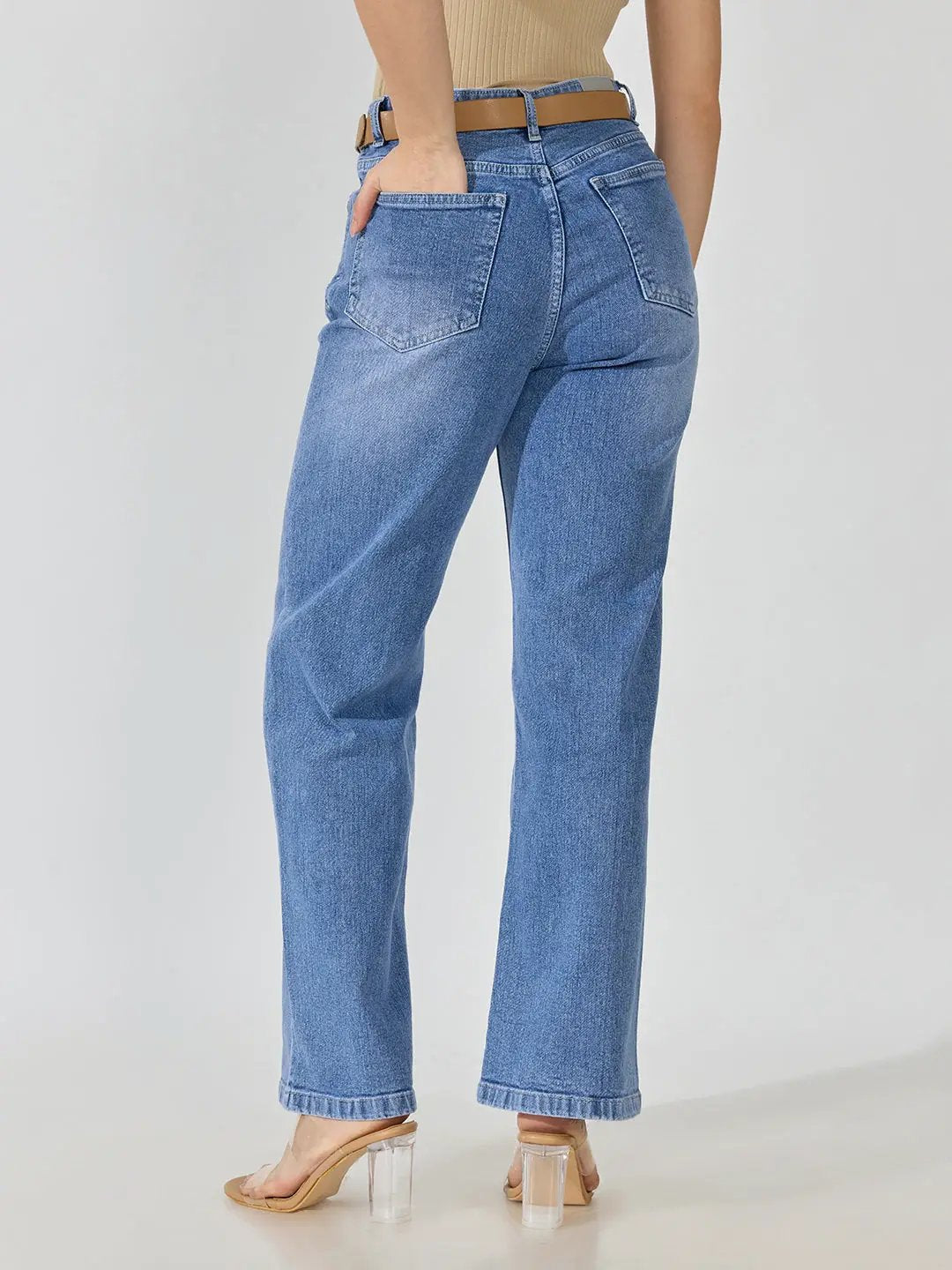 Women's Blue High-Rise Straight Fit Denim Jeans with Belt