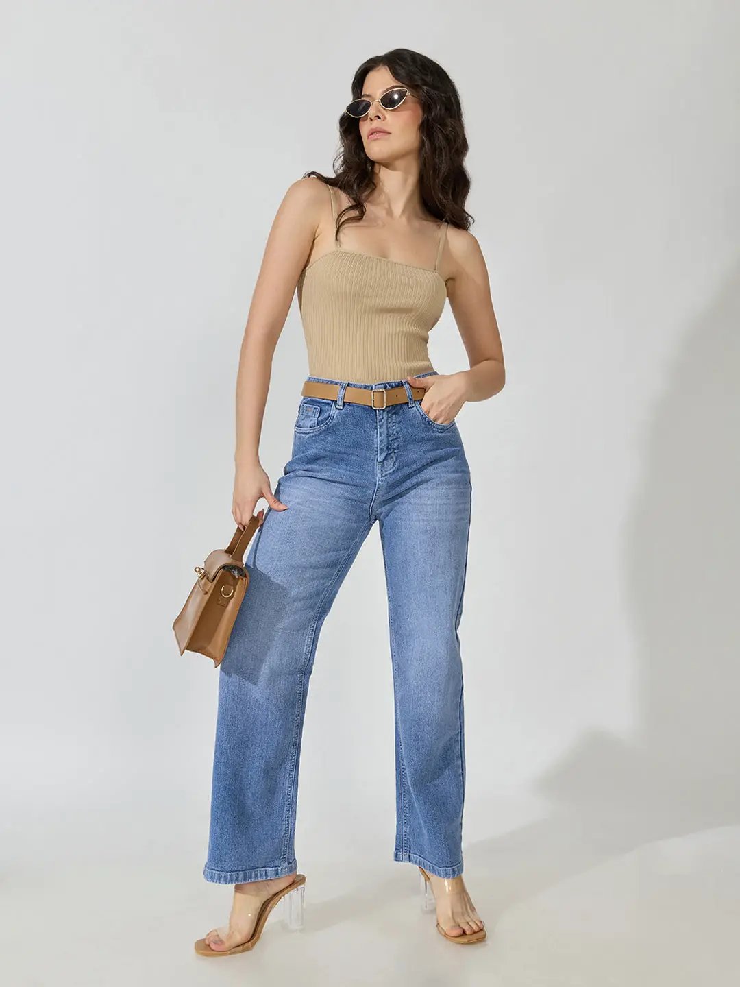 Women's Blue High-Rise Straight Fit Denim Jeans with Belt