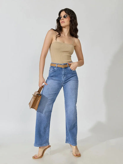 Women's Blue High-Rise Straight Fit Denim Jeans with Belt