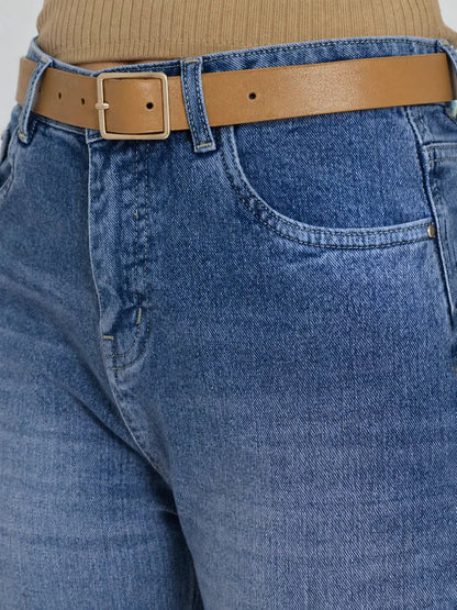 Women's Blue High-Rise Straight Fit Denim Jeans with Belt