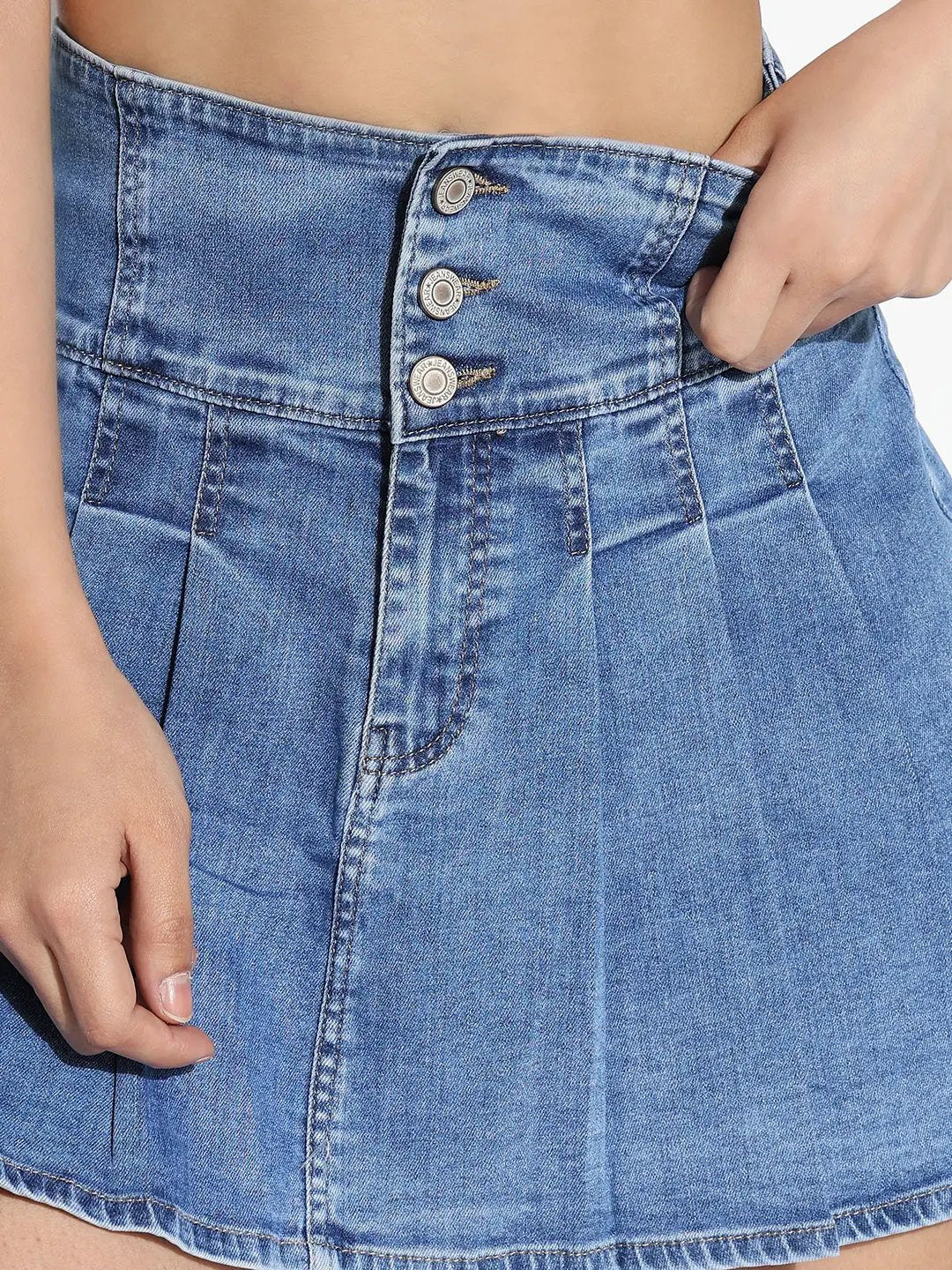 Women's Blue Solid Flared Mini Denim Skirt