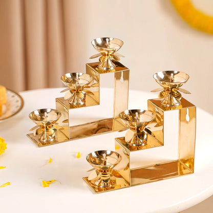 Brass Step Decorative Flower Diya Stand Set Of 2 Gold