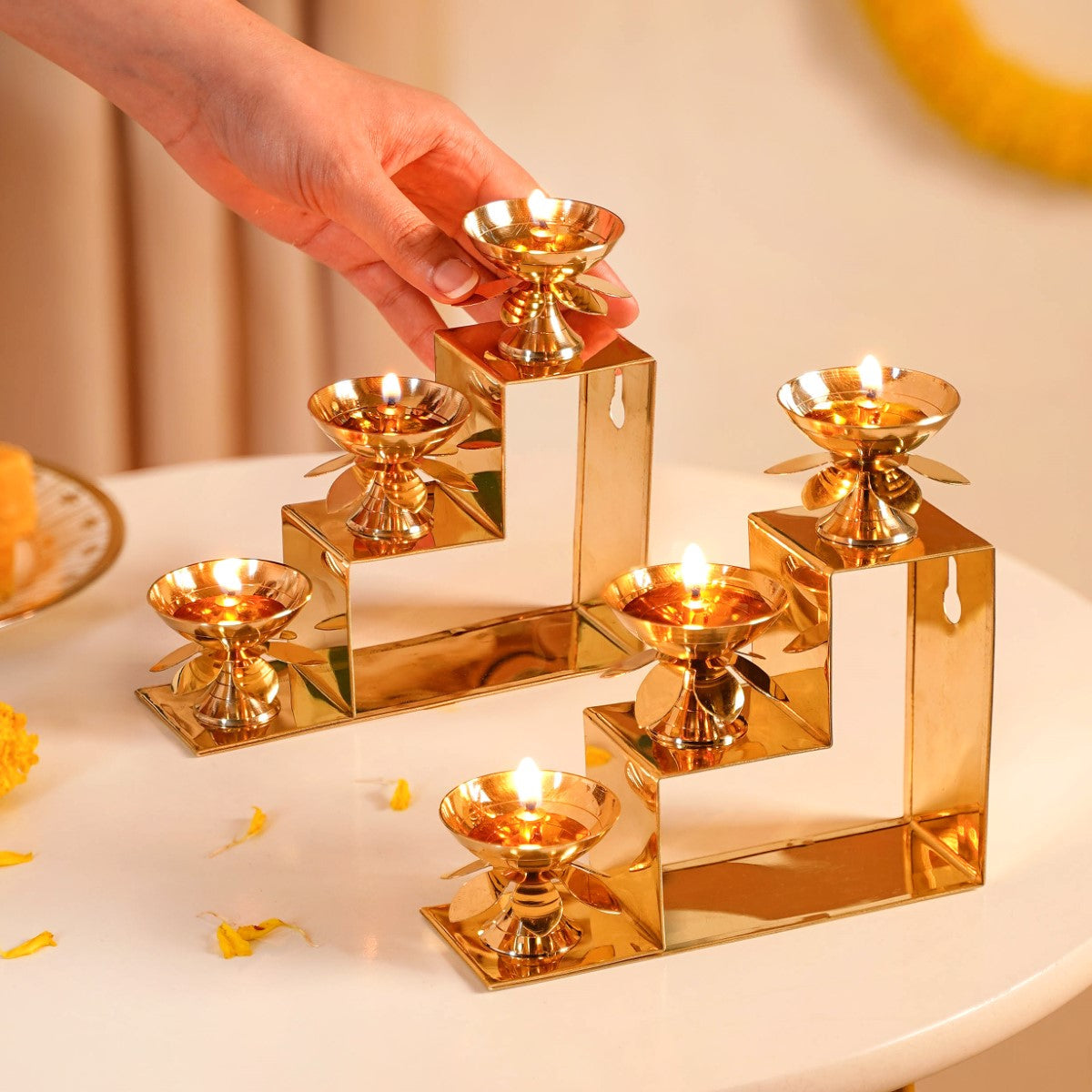 Brass Step Decorative Flower Diya Stand Set Of 2 Gold