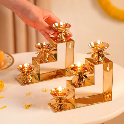 Brass Step Decorative Flower Diya Stand Set Of 2 Gold