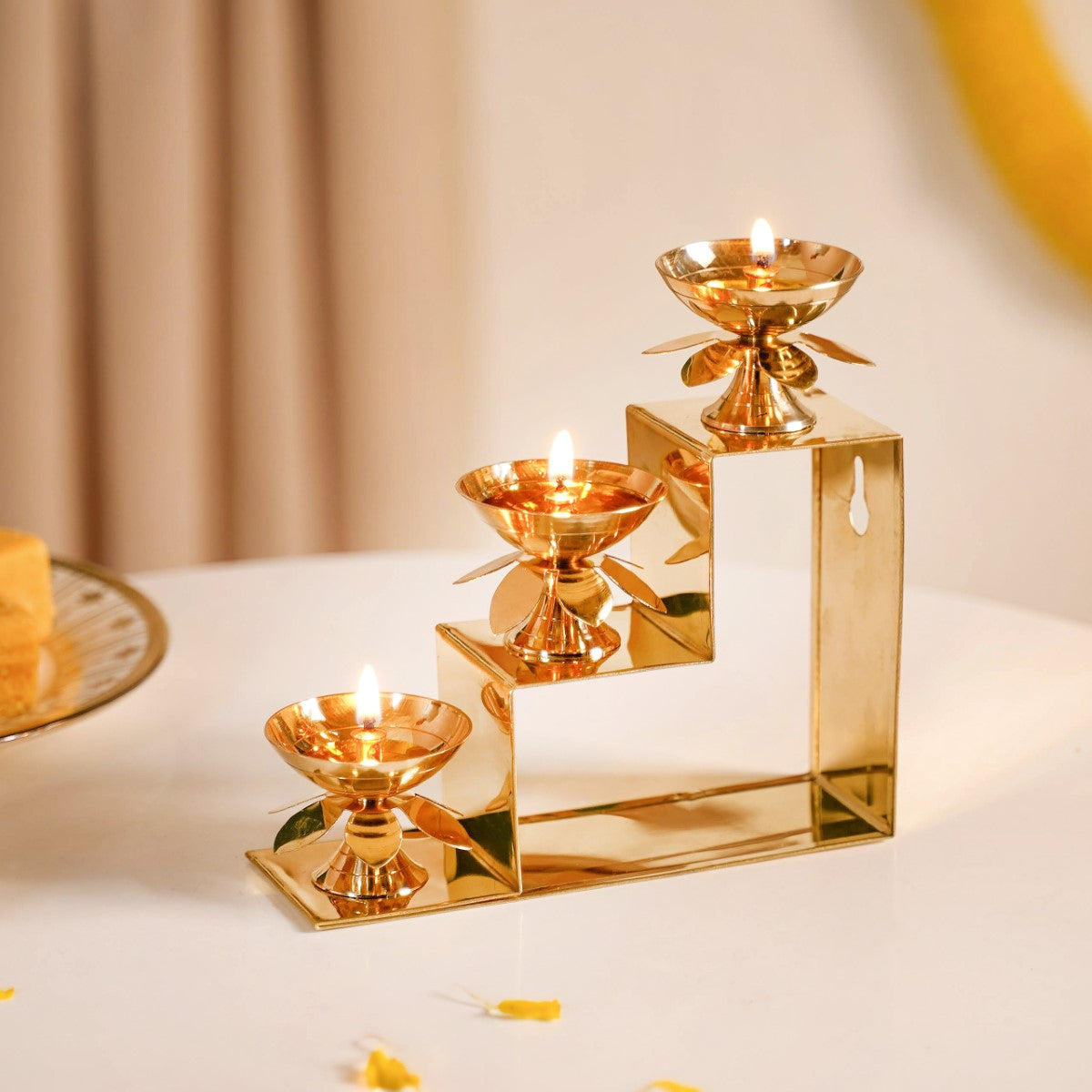 Brass Step Decorative Flower Diya Stand Set Of 2 Gold
