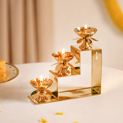 Brass Step Decorative Flower Diya Stand Set Of 2 Gold