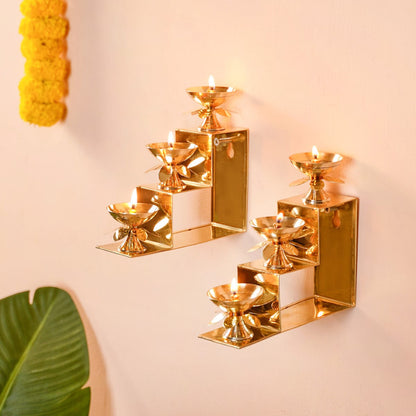 Brass Step Decorative Flower Diya Stand Set Of 2 Gold