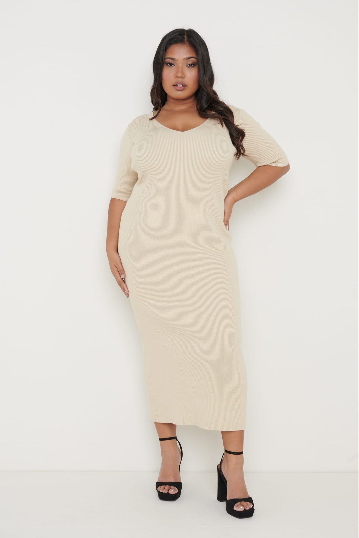 Lara Ribbed Midi Dress - Beige