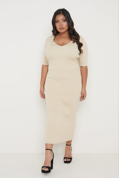 Lara Ribbed Midi Dress - Beige