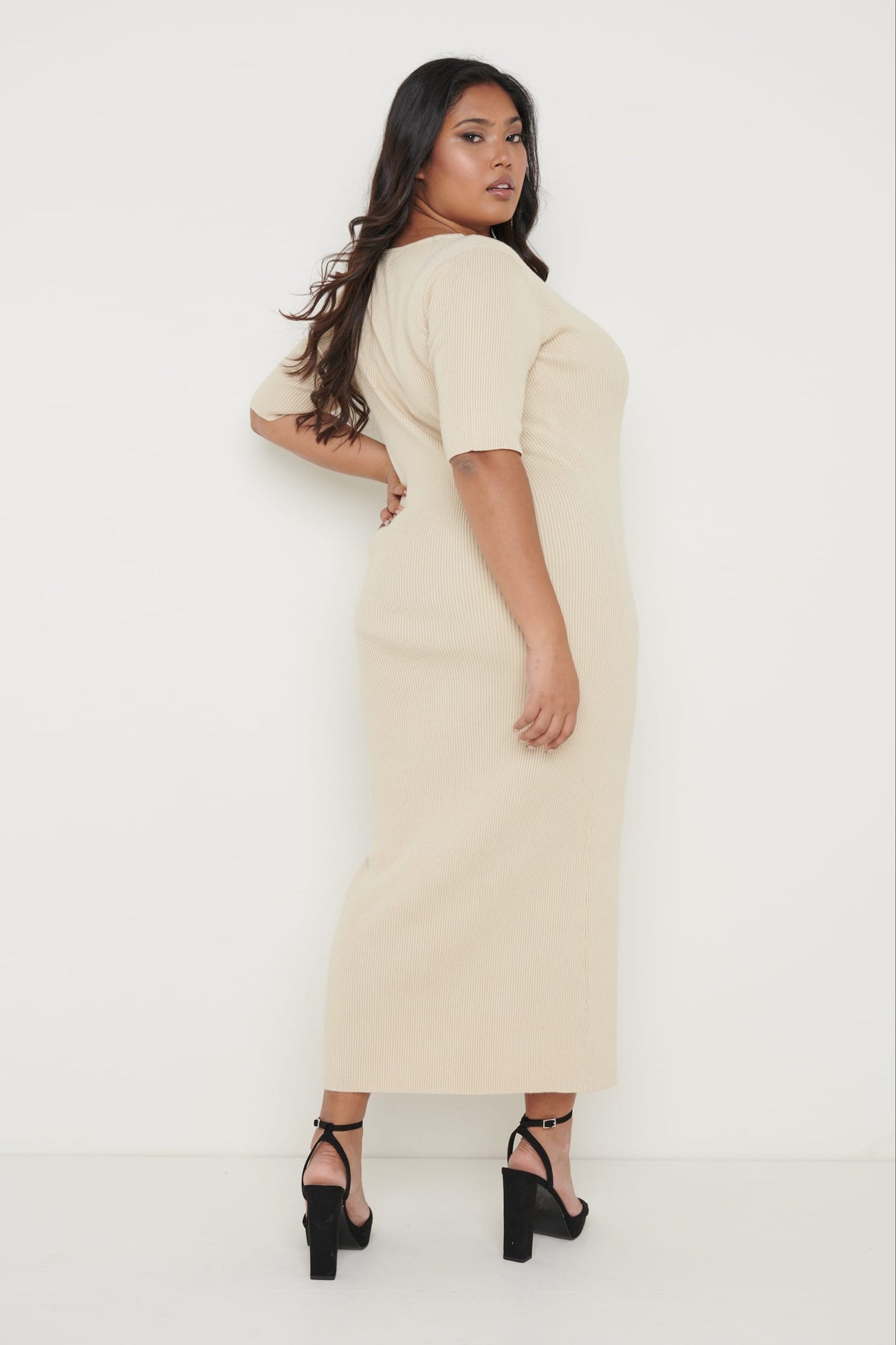 Lara Ribbed Midi Dress - Beige