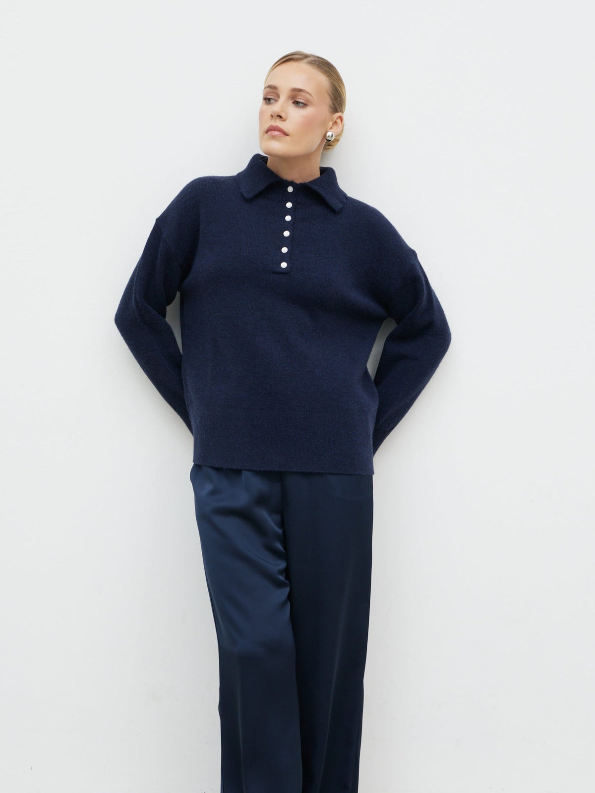 Laurent High Neck Button Knit Jumper - Navy