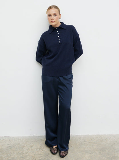 Laurent High Neck Button Knit Jumper - Navy