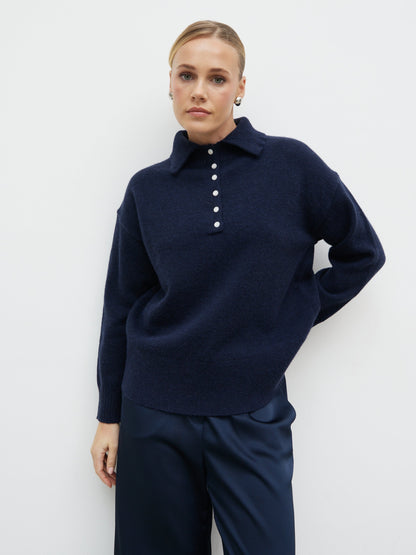 Laurent High Neck Button Knit Jumper - Navy
