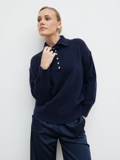 Laurent High Neck Button Knit Jumper - Navy