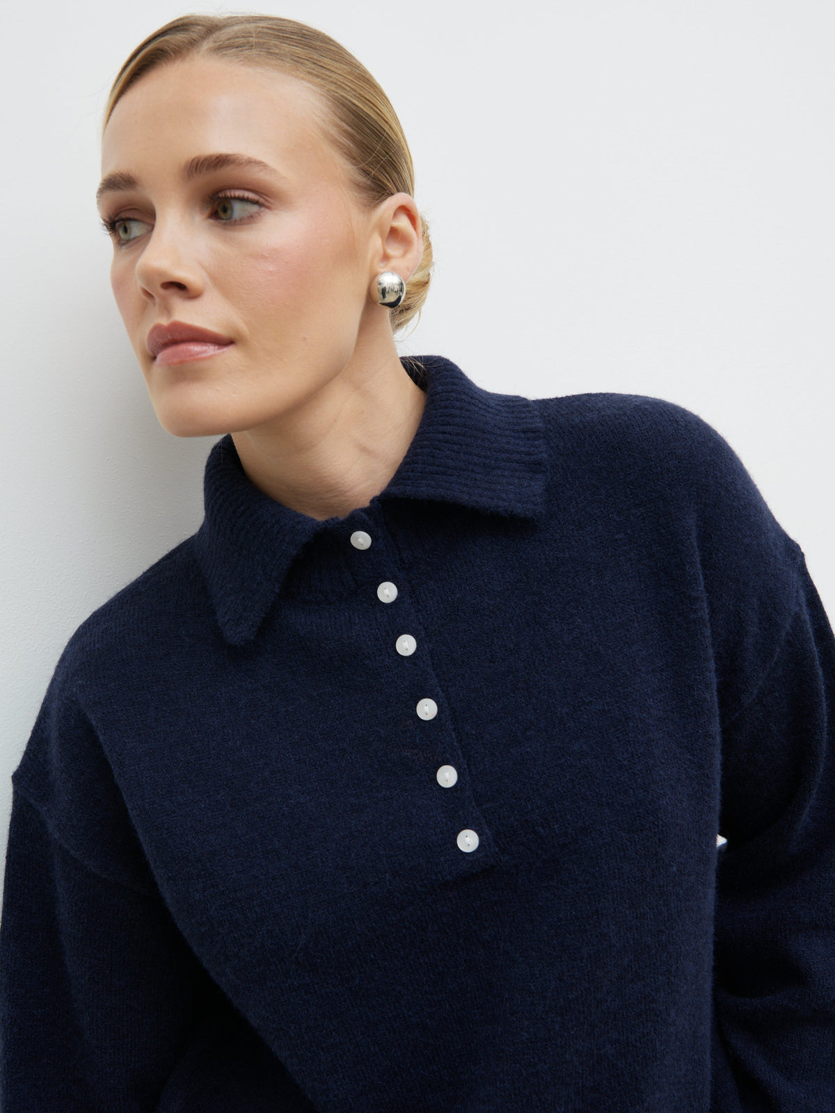 Laurent High Neck Button Knit Jumper - Navy