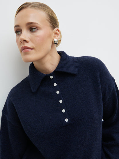 Laurent High Neck Button Knit Jumper - Navy