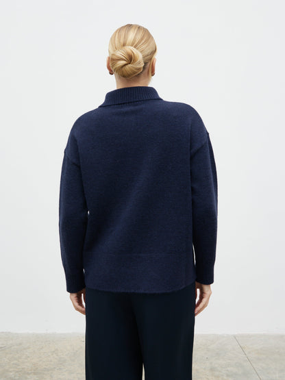 Laurent High Neck Button Knit Jumper - Navy