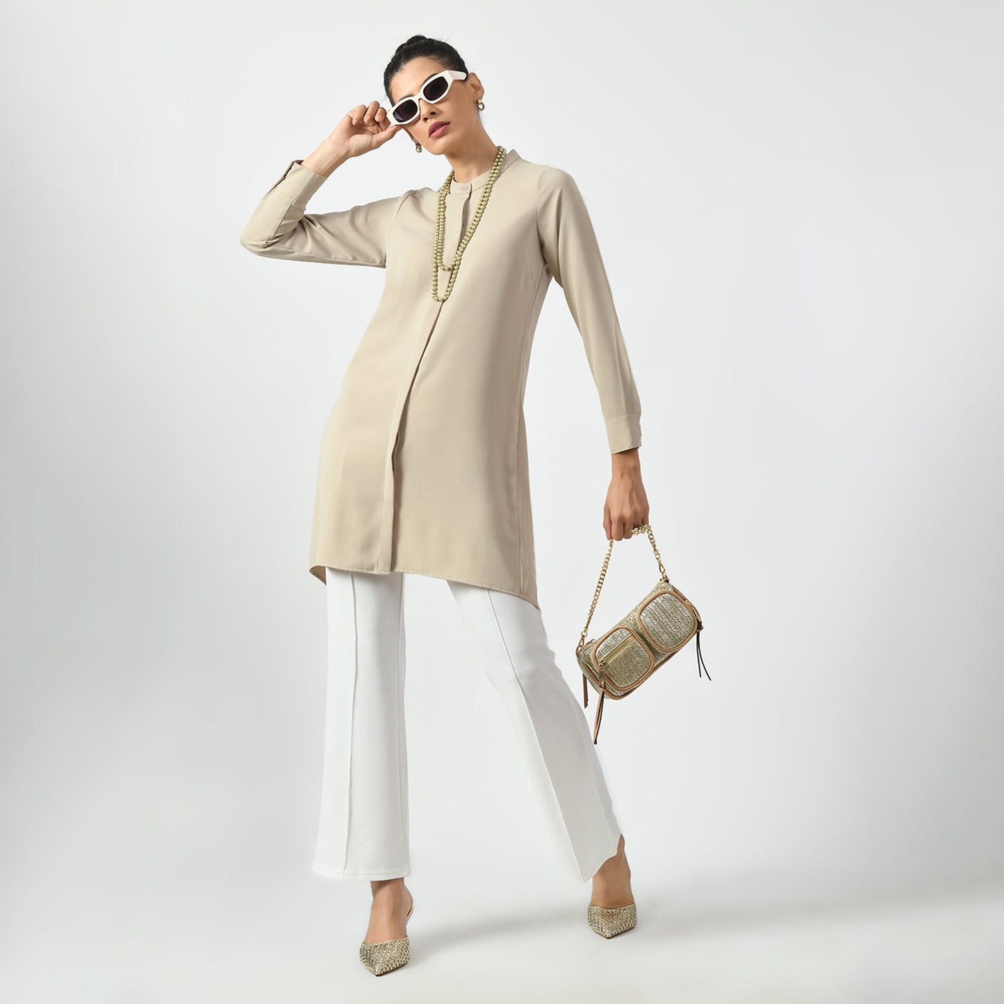 Light Beige Tunic With Mandarin Collar