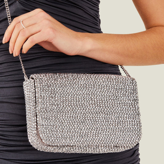 Women's Silver Fold Over Beaded Clutch Bag