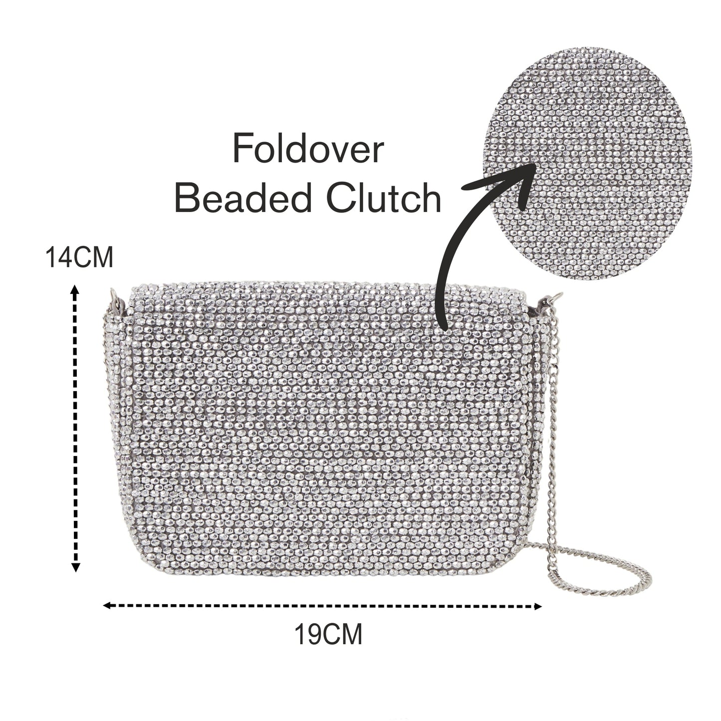 Women's Silver Fold Over Beaded Clutch Bag