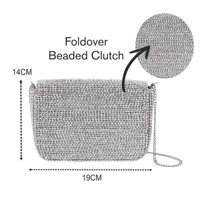 Women's Silver Fold Over Beaded Clutch Bag