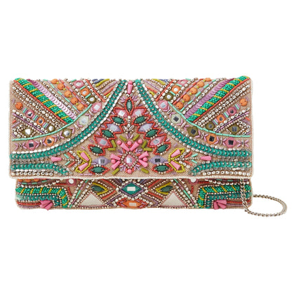 Women's Cream Beaded Mirror Clutch Bag