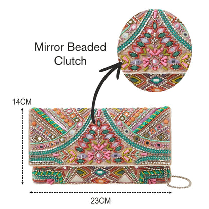 Women's Cream Beaded Mirror Clutch Bag