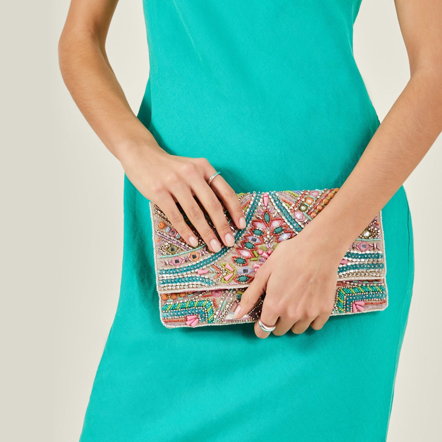 Women's Cream Beaded Mirror Clutch Bag