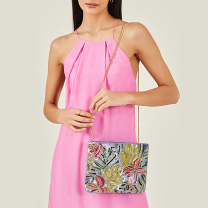 Women's Purple Zip Top Embellished Clutch Bag