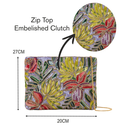 Women's Purple Zip Top Embellished Clutch Bag