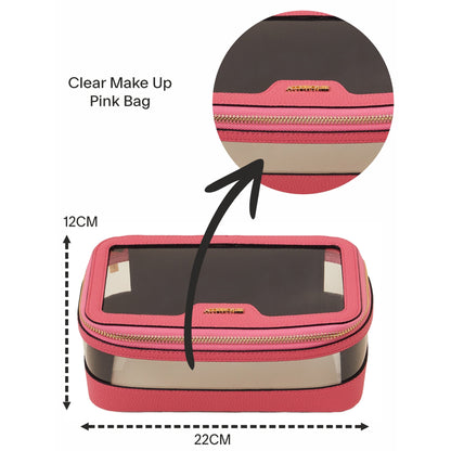 Women's Faux Leather Pink Clear Make Up Bag