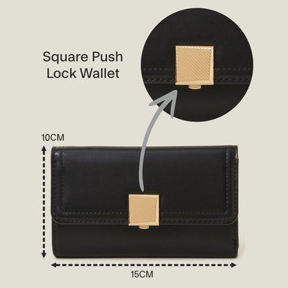 Women's Black Square Push-Lock Wallet