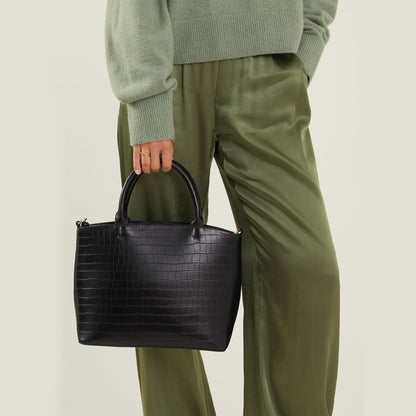 Women's Black Faux Croc Handheld Bag