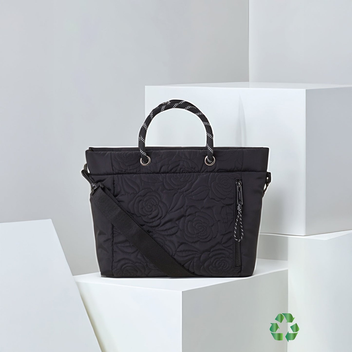 Black Recycled Polyester Floral Quilted Hand Bag
