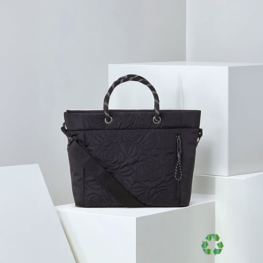 Black Recycled Polyester Floral Quilted Hand Bag
