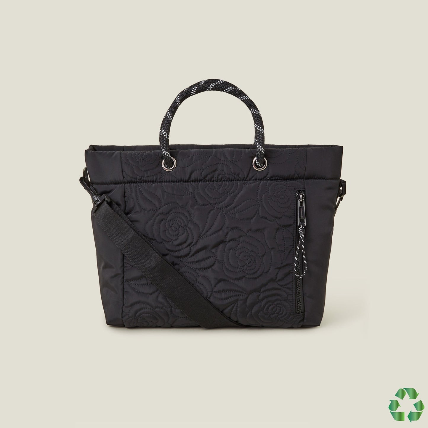 Black Recycled Polyester Floral Quilted Hand Bag