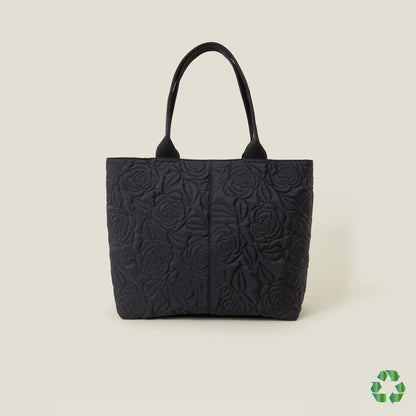 Black Recycled Polyester Floral Quilted Nylon Tote Bag