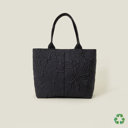 Black Recycled Polyester Floral Quilted Nylon Tote Bag
