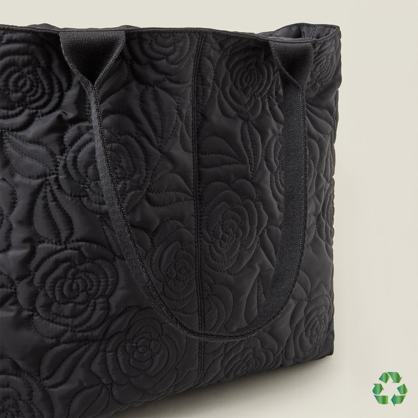 Black Recycled Polyester Floral Quilted Nylon Tote Bag
