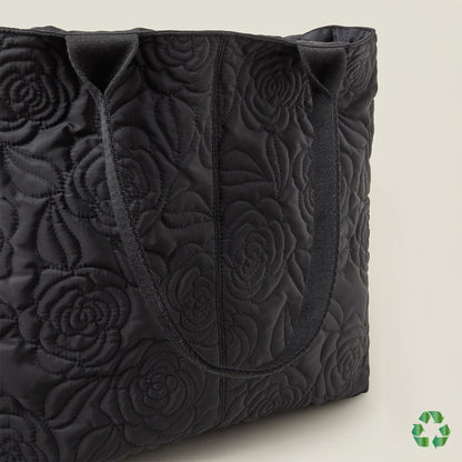 Black Recycled Polyester Floral Quilted Nylon Tote Bag