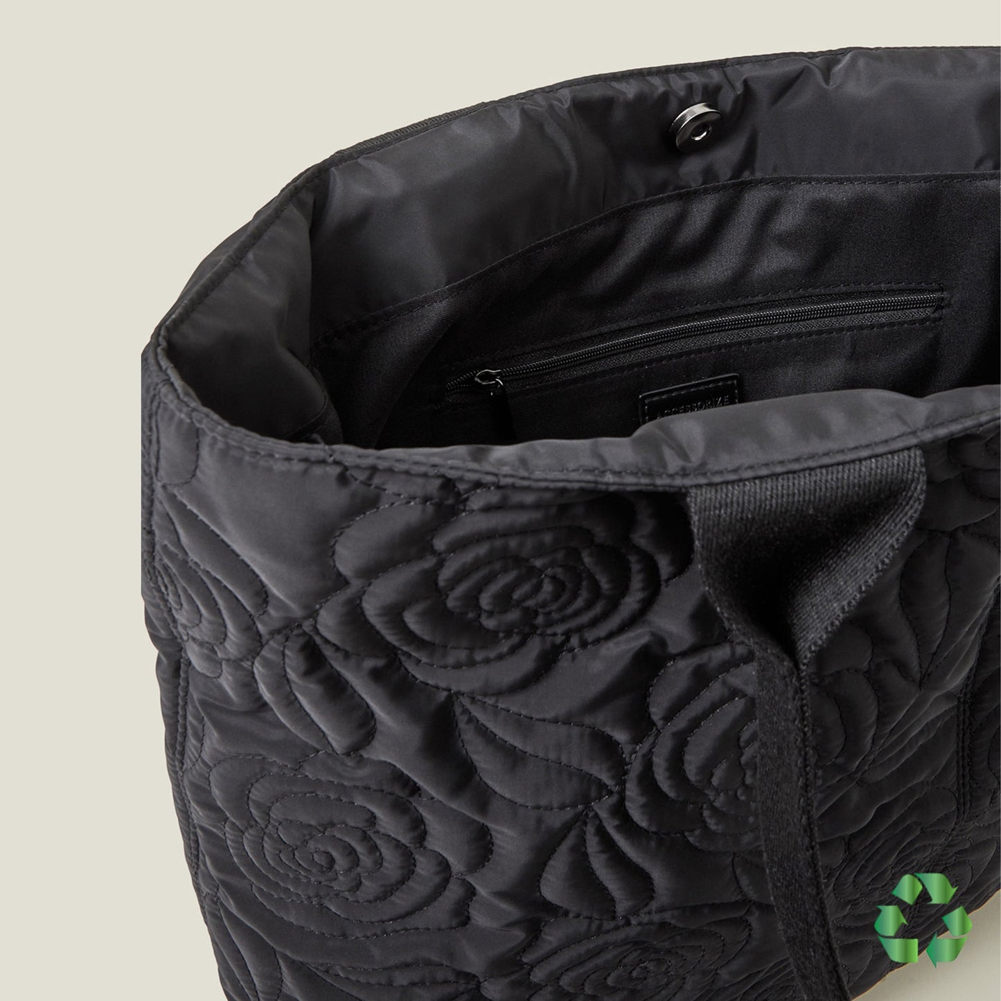 Black Recycled Polyester Floral Quilted Nylon Tote Bag