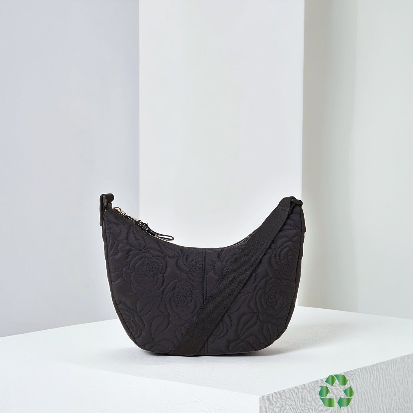 Black Recycled Polyester Large Floral Quilted Sling Bag