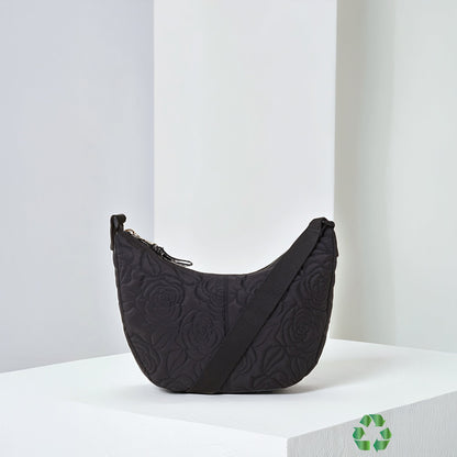 Black Recycled Polyester Large Floral Quilted Sling Bag