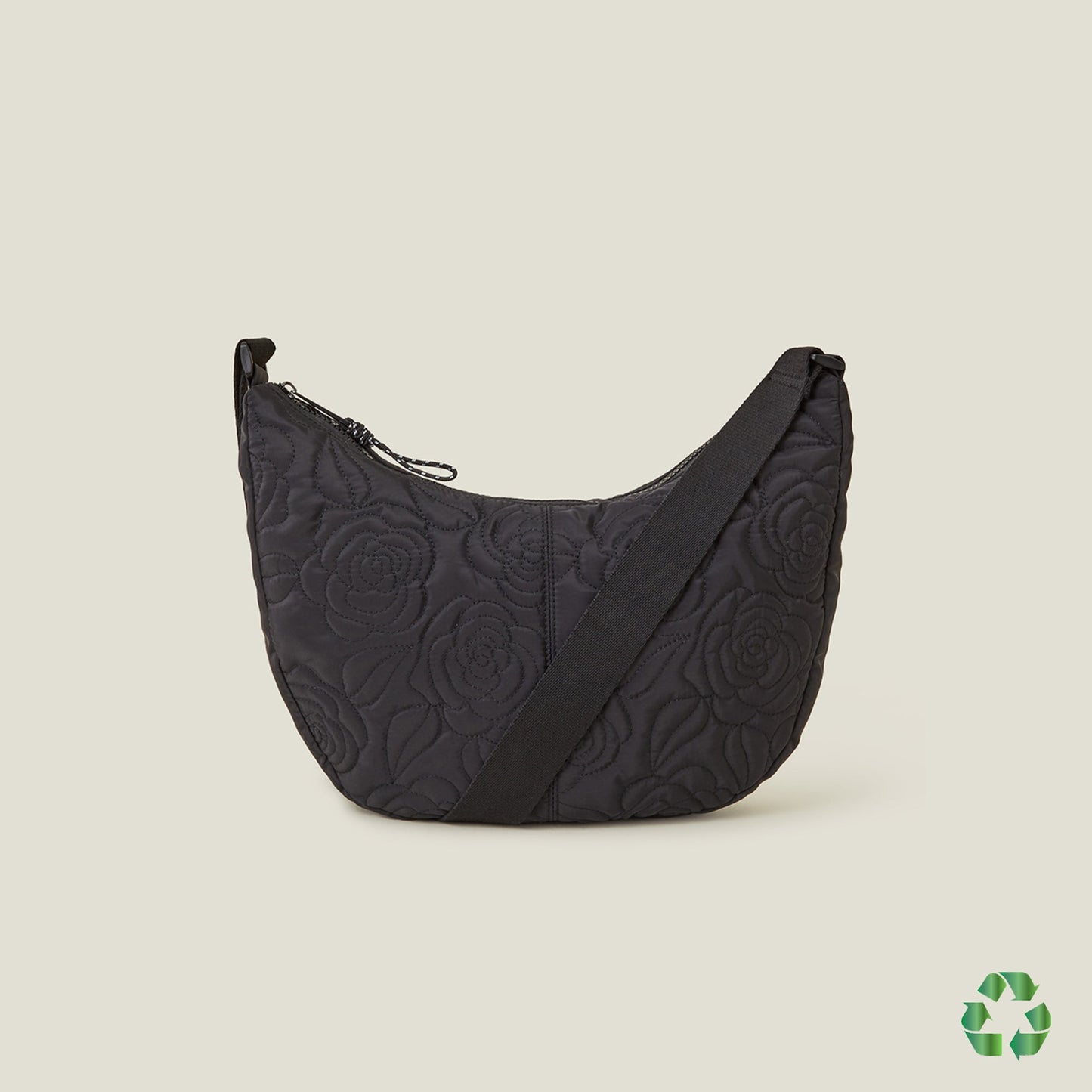 Black Recycled Polyester Large Floral Quilted Sling Bag