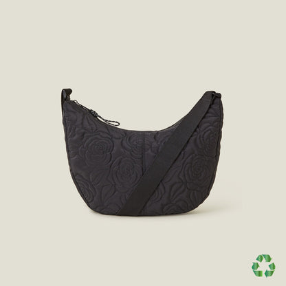 Black Recycled Polyester Large Floral Quilted Sling Bag