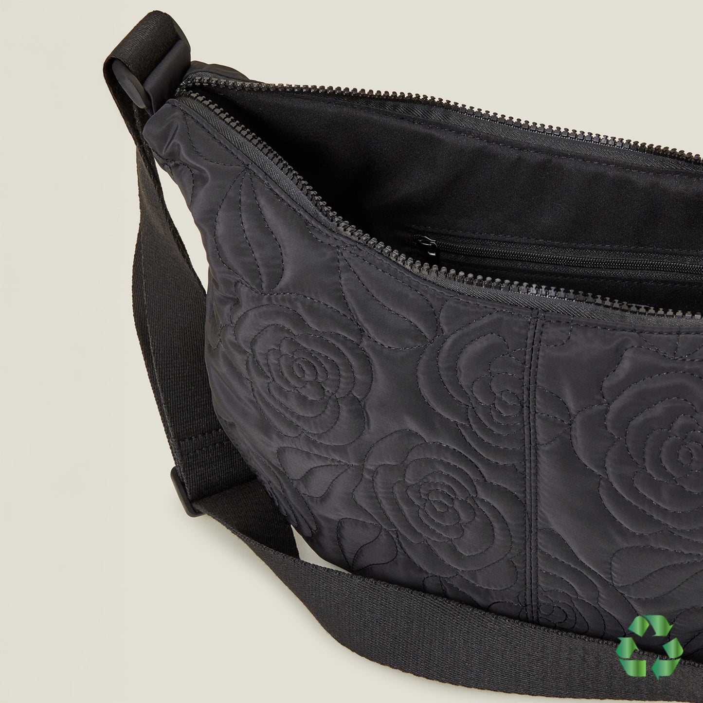 Black Recycled Polyester Large Floral Quilted Sling Bag