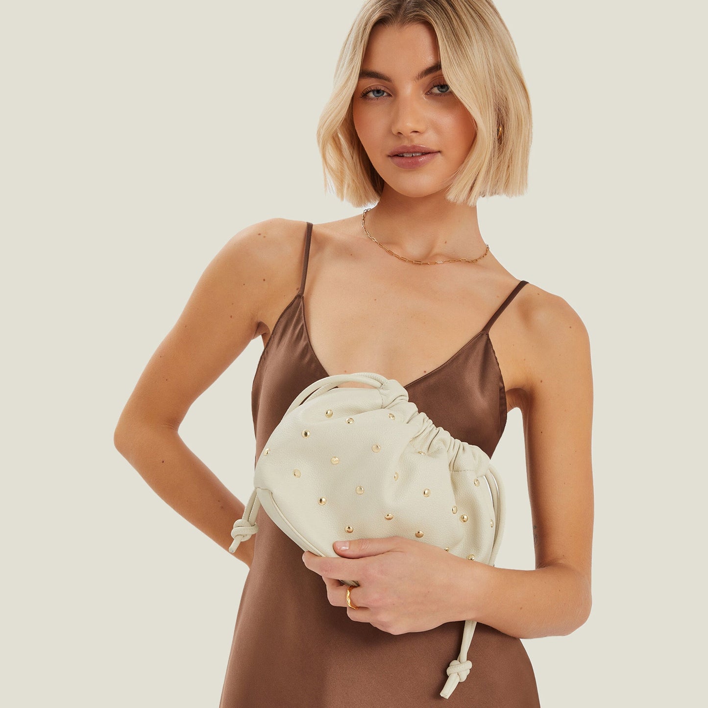 Cream Studded Drawstring Pouch Bag