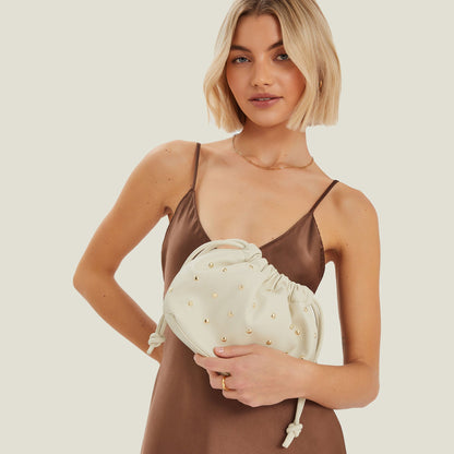 Cream Studded Drawstring Pouch Bag