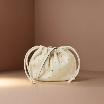 Cream Studded Drawstring Pouch Bag
