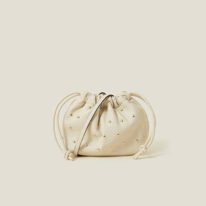 Cream Studded Drawstring Pouch Bag